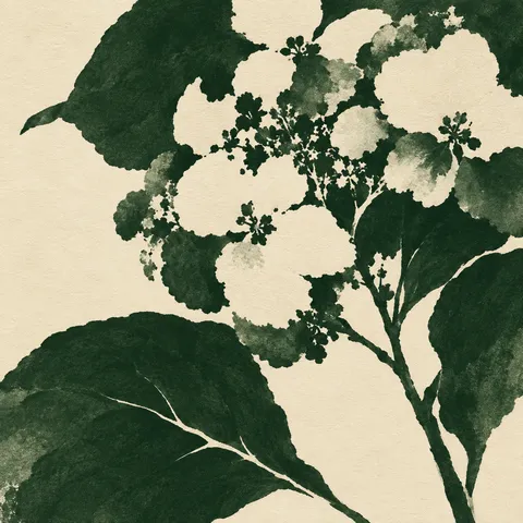 A pressed hydrangea head in cream, forest green, green, black; square artwork.