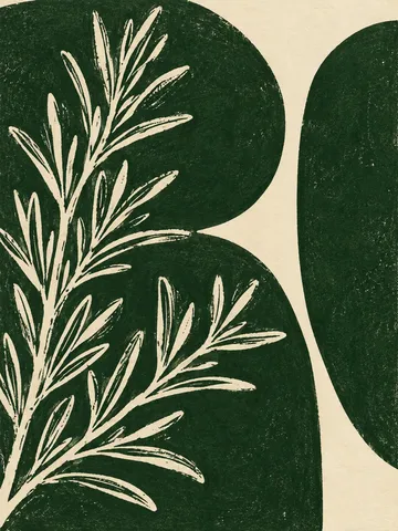 A sprig of rosemary in forest green, cream, sage, olive; portrait artwork.