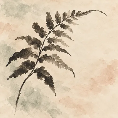 A single fern frond in cream, olive, stone; square artwork.