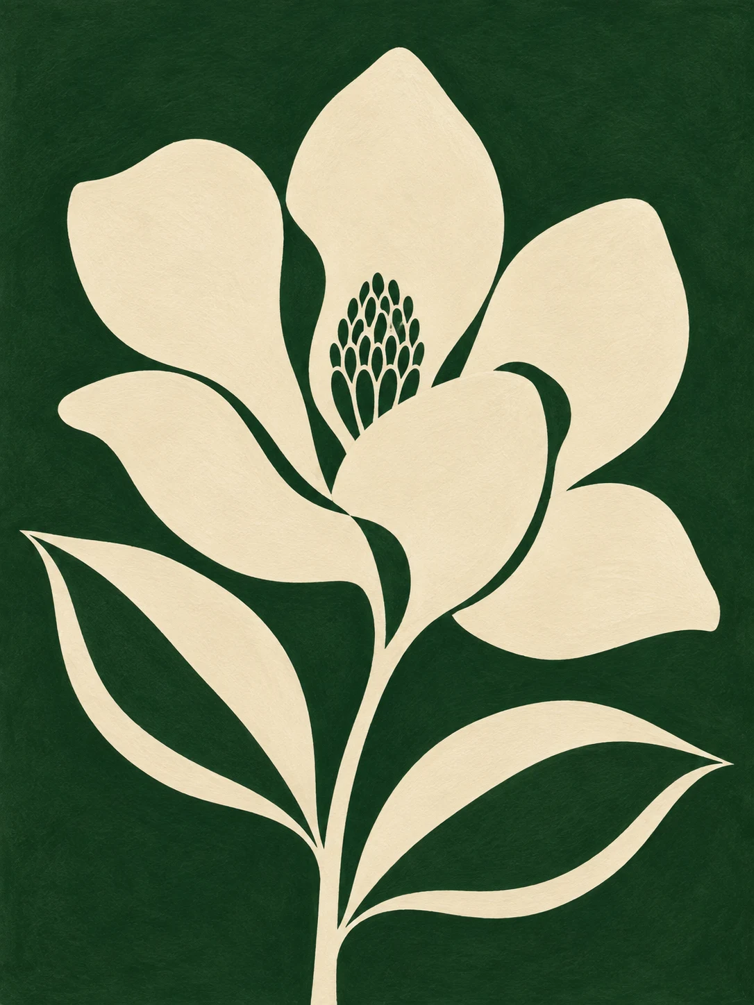 A magnolia bloom with two glossy leaves in forest green, cream, stone, green; portrait artwork.