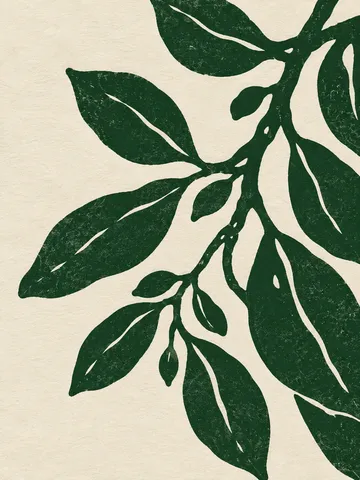 A single live oak branch with small leaves in cream, forest green, taupe; portrait artwork.