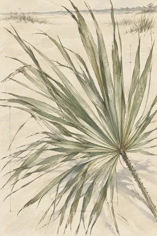 One saw palmetto frond fully open in cream, stone, sand, taupe; portrait artwork.