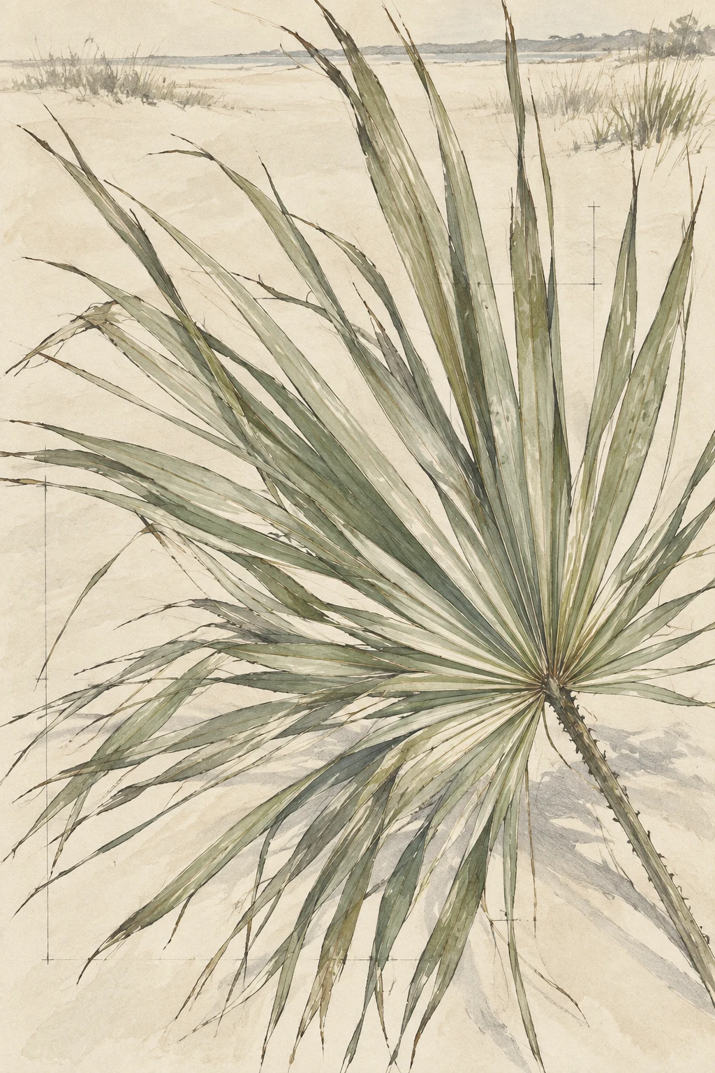 One saw palmetto frond fully open in cream, stone, sand, taupe; portrait artwork.