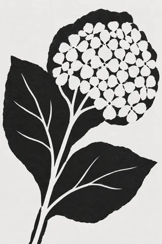 A pressed hydrangea head in white, black, stone, charcoal; portrait artwork.