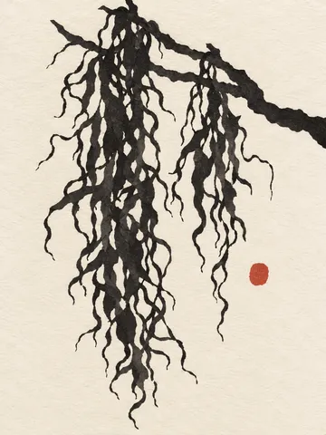 A strand of Spanish moss on a short branch in cream, white, charcoal, olive; portrait artwork.