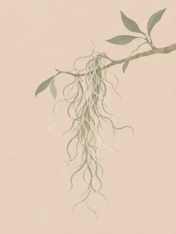 A strand of Spanish moss on a short branch in cream, stone; portrait artwork.