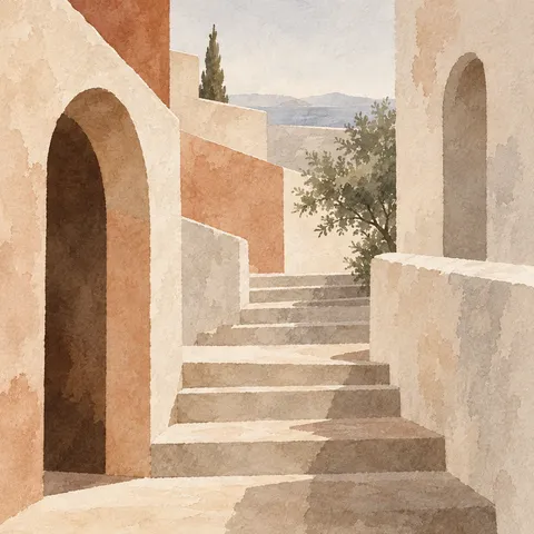 A Mediterranean stair street with arches in cream, sand, taupe, stone; square artwork.