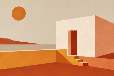 A whitewashed cubic house against a plain sky in stone, cream, orange, red; landscape artwork.