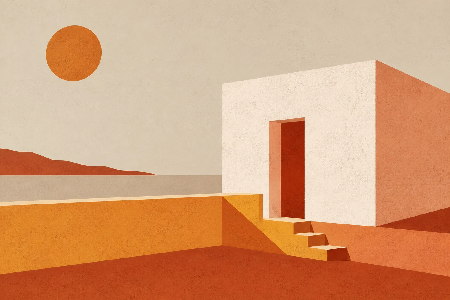 A whitewashed cubic house against a plain sky in stone, cream, orange, red; landscape artwork.