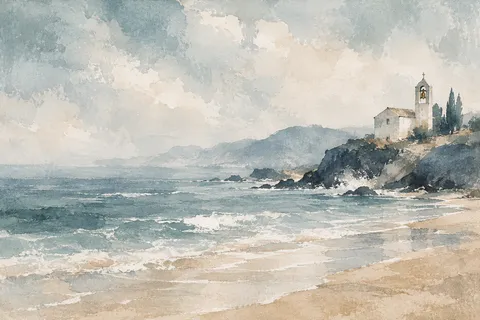 A chapel with a single bell tower, distant in stone, cream, gray; landscape artwork.