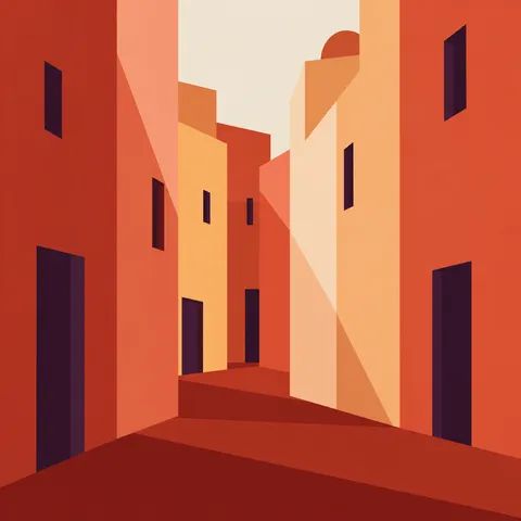 A row of tall narrow townhouse facades in red, terracotta, blush, rust; square artwork.