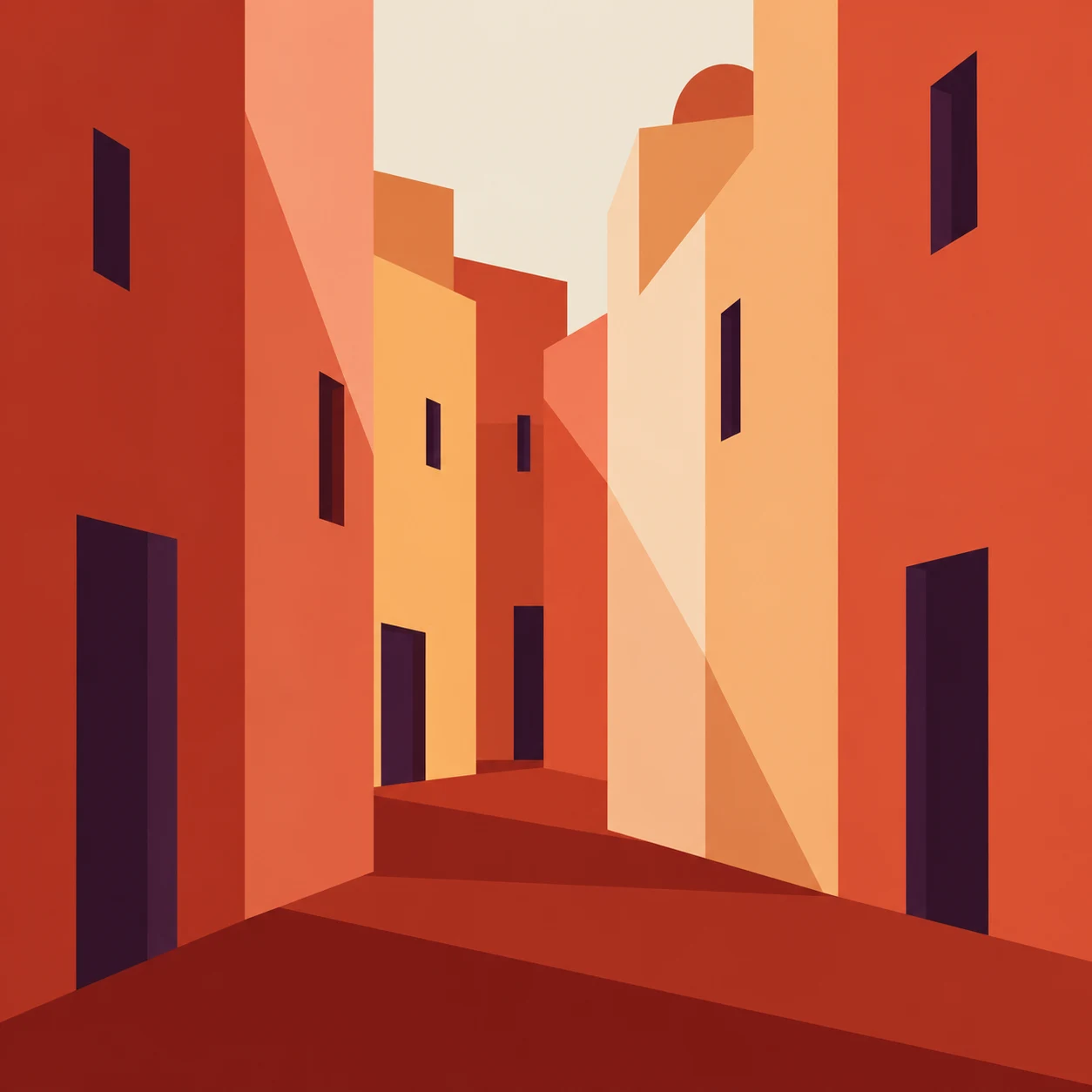 A row of tall narrow townhouse facades in red, terracotta, blush, rust; square artwork.