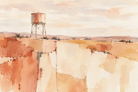 A water tower on thin legs in cream, white, blush, orange; landscape artwork.