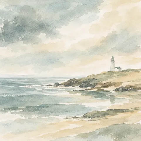 A lighthouse on a low headland in cream, stone, white, gray; square artwork.
