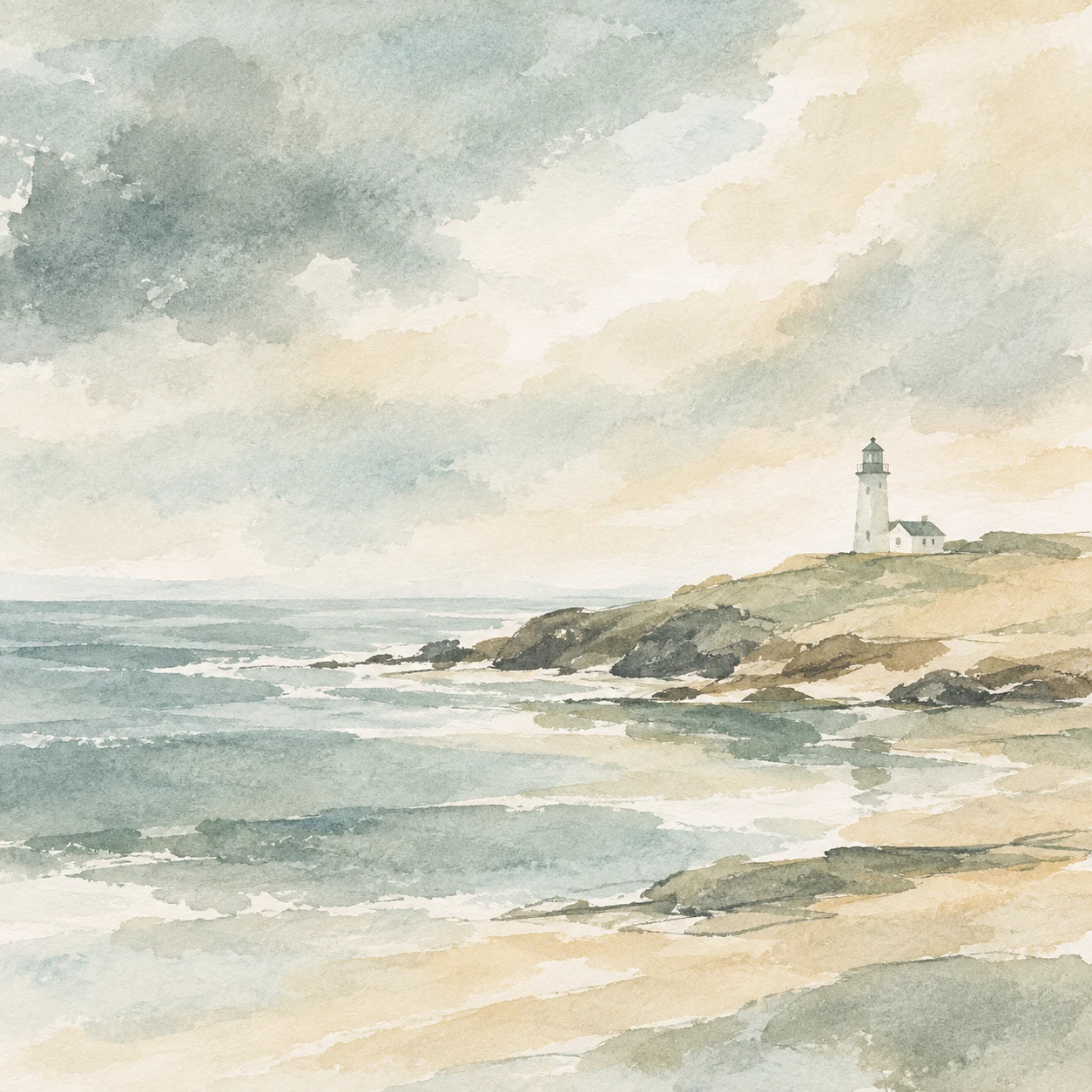 A lighthouse on a low headland in cream, stone, white, gray; square artwork.