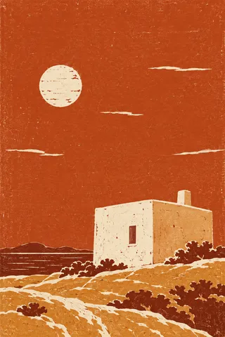 A whitewashed cubic house against a plain sky in red, orange, stone, terracotta; portrait artwork.
