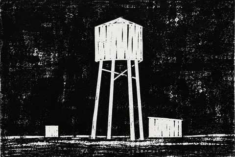 A water tower on thin legs in black, stone, charcoal; landscape artwork.