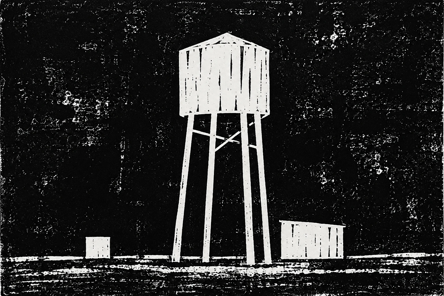 A water tower on thin legs in black, stone, charcoal; landscape artwork.