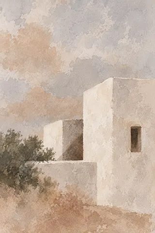 A whitewashed cubic house against a plain sky in stone, sand, cream, taupe; portrait artwork.