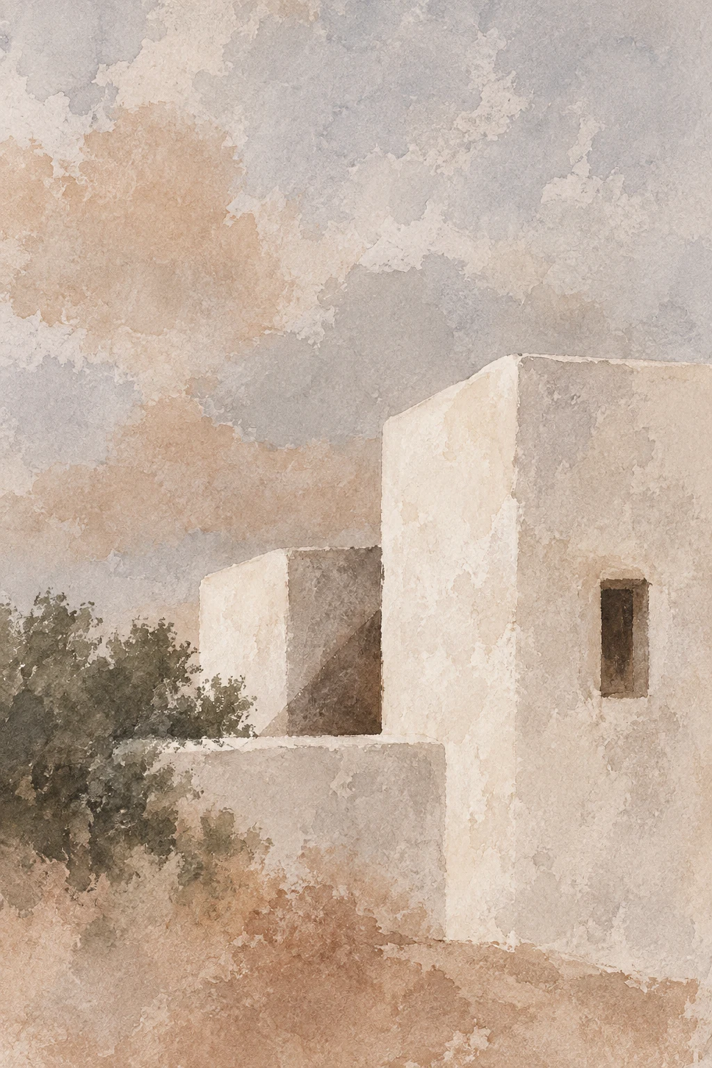 A whitewashed cubic house against a plain sky in stone, sand, cream, taupe; portrait artwork.