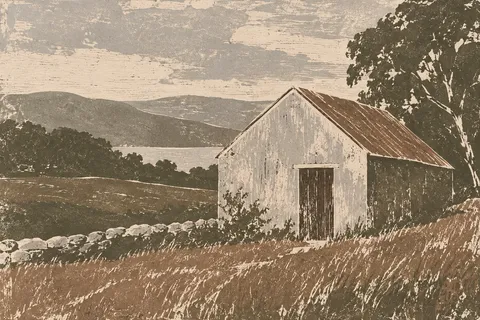 A barn gable end with one door in taupe, olive, stone, brown; landscape artwork.