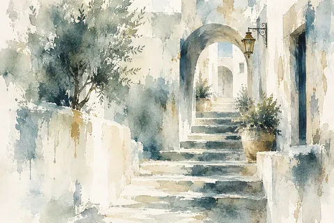 A Mediterranean stair street with arches in white, cream, stone, gray; landscape artwork.