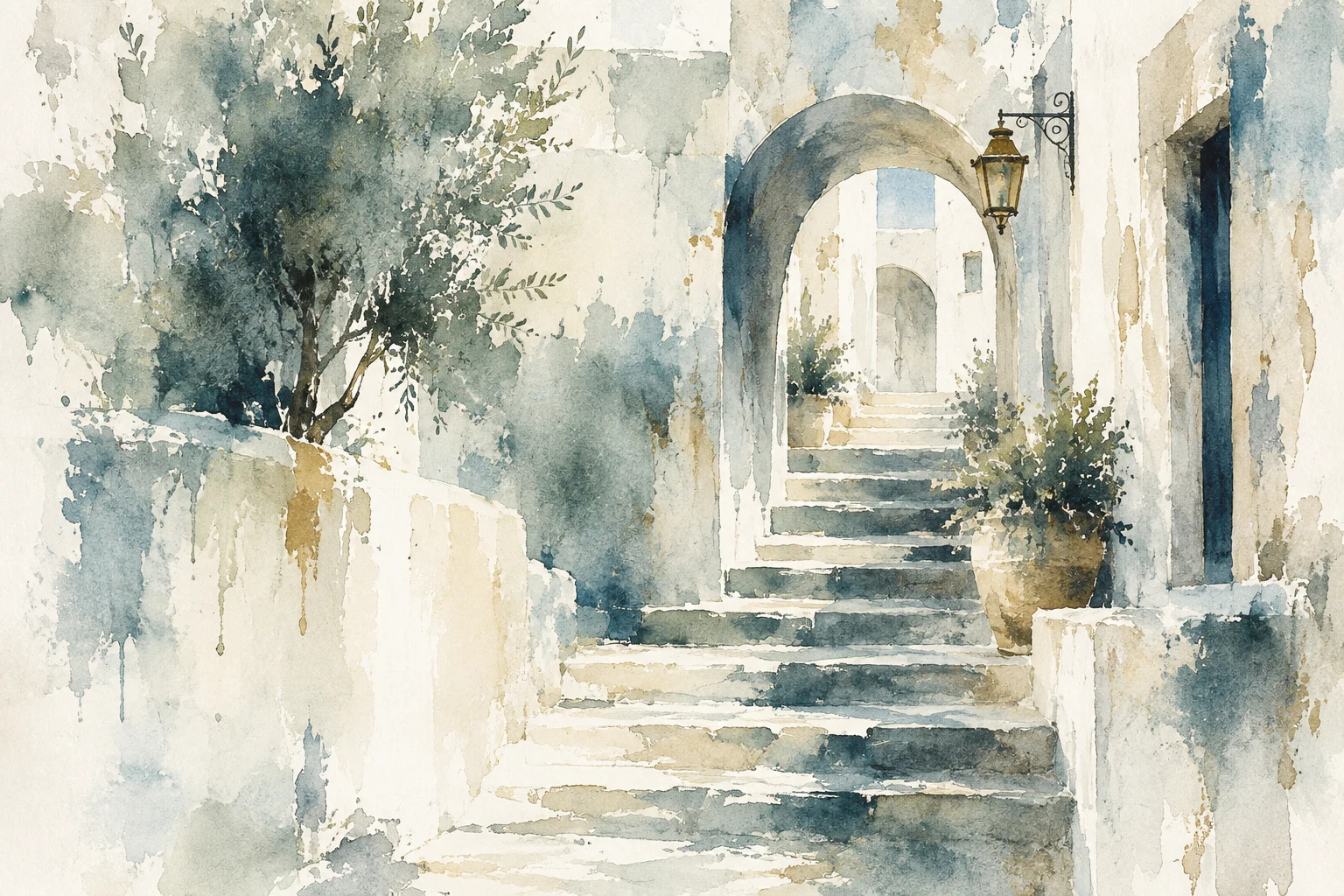 A Mediterranean stair street with arches in white, cream, stone, gray; landscape artwork.