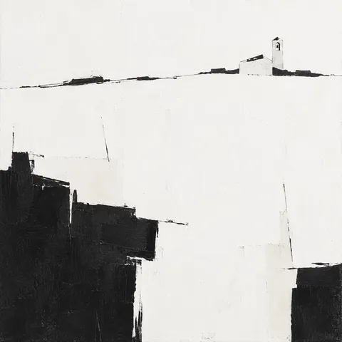 A chapel with a single bell tower, distant in white, black; square artwork.