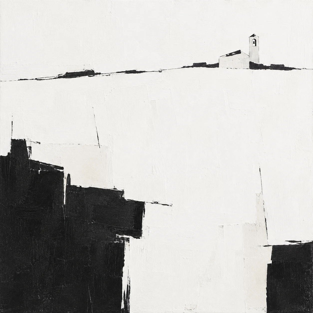 A chapel with a single bell tower, distant in white, black; square artwork.