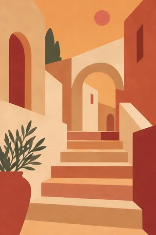 A Mediterranean stair street with arches in blush, orange, terracotta, cream; portrait artwork.
