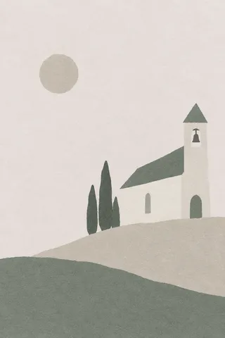 A chapel with a single bell tower, distant in cream, gray, stone; portrait artwork.