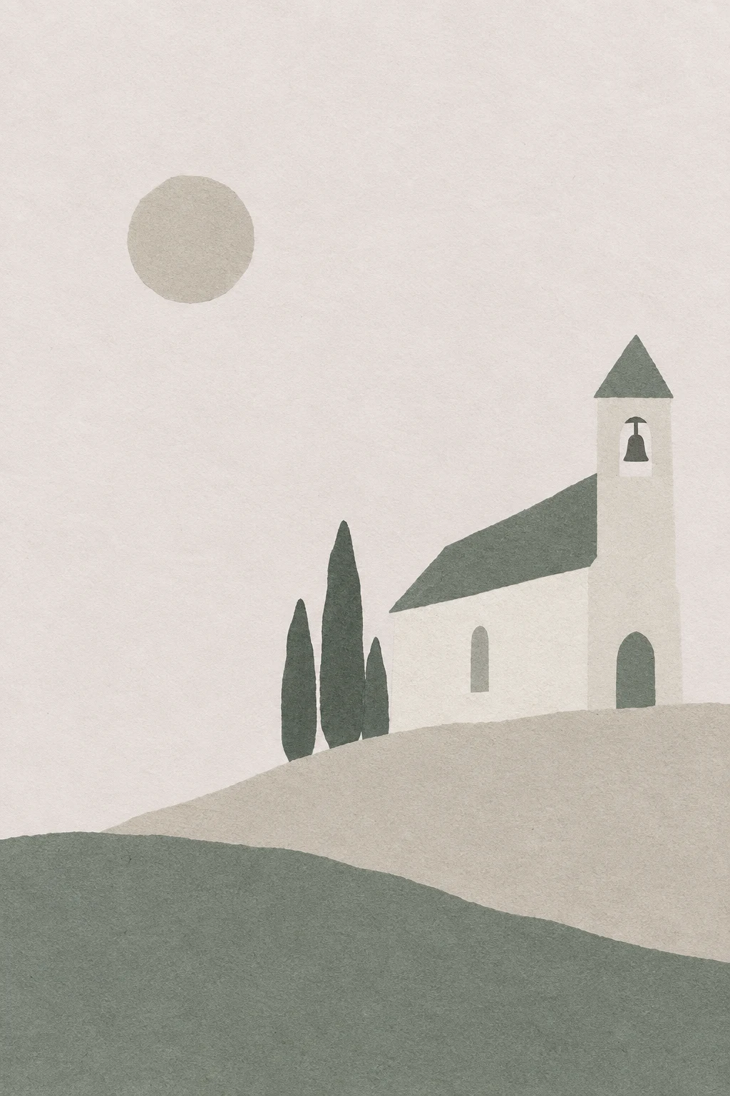 A chapel with a single bell tower, distant in cream, gray, stone; portrait artwork.