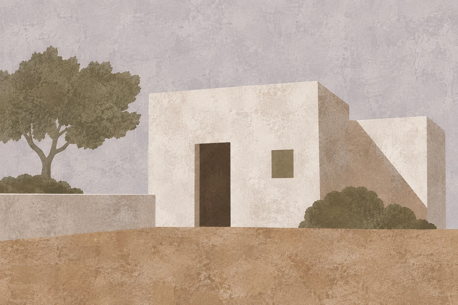 A whitewashed cubic house against a plain sky in stone, sand, cream, olive; landscape artwork.