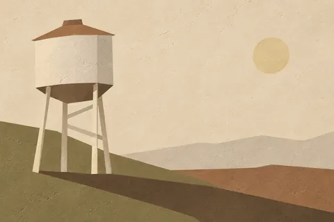 A water tower on thin legs in cream, taupe, stone, brown; landscape artwork.