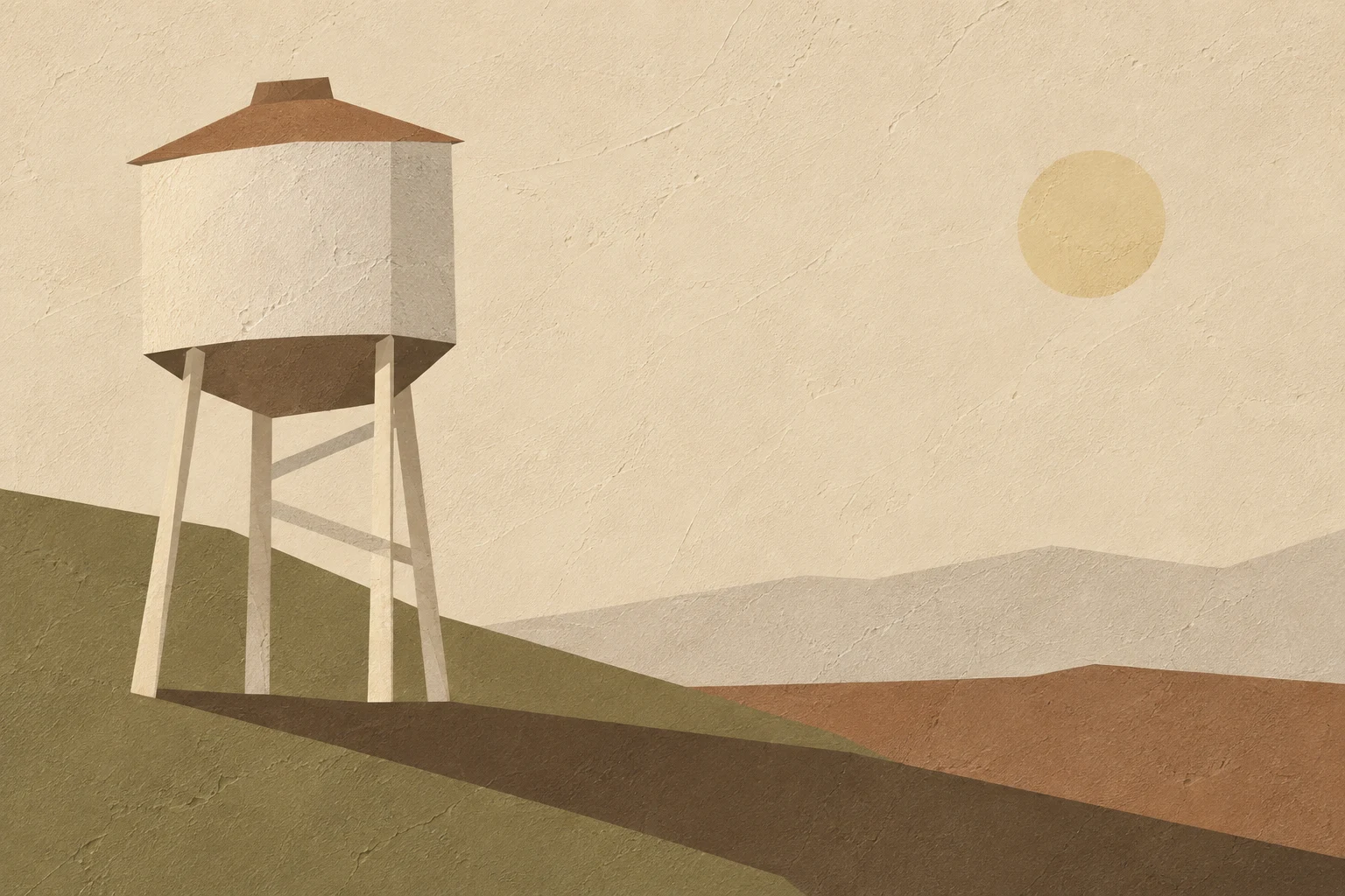 A water tower on thin legs in cream, taupe, stone, brown; landscape artwork.