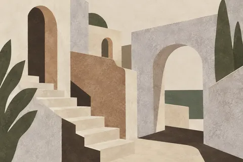 A Mediterranean stair street with arches in stone, cream, charcoal, sage; landscape artwork.