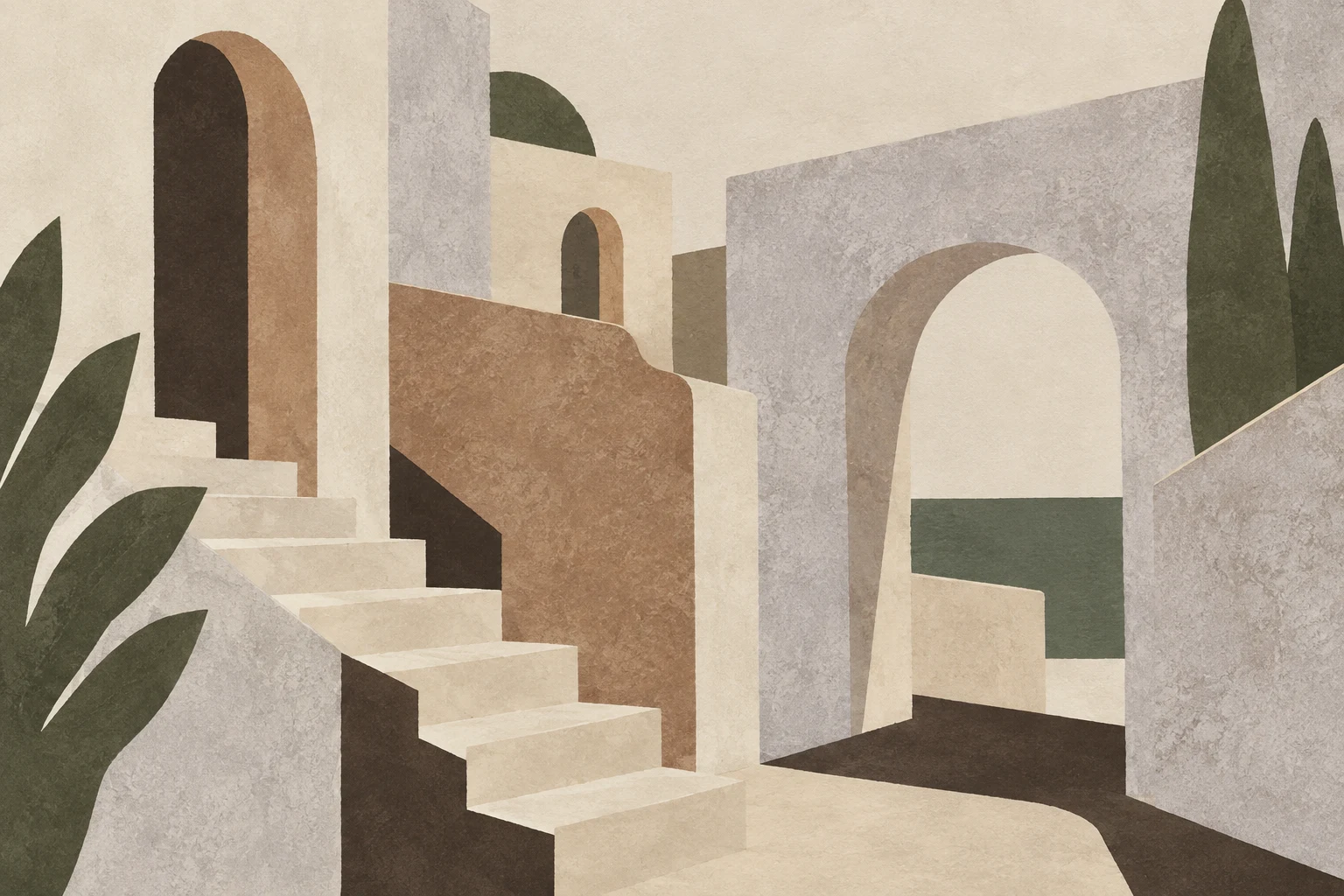 A Mediterranean stair street with arches in stone, cream, charcoal, sage; landscape artwork.