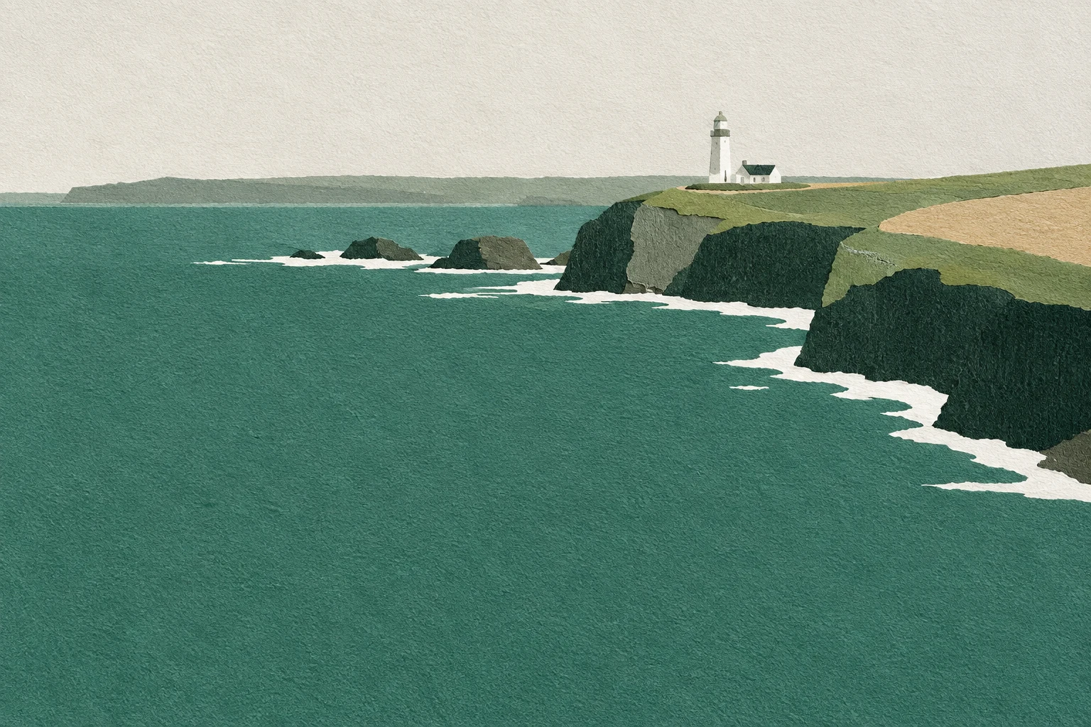 A lighthouse on a low headland in teal, cream, sage, green; landscape artwork.