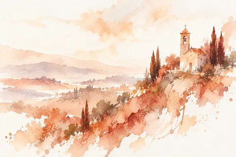 A chapel with a single bell tower, distant in white, cream, blush, ochre; landscape artwork.