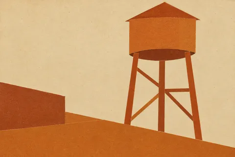 A water tower on thin legs in stone, cream, terracotta, rust; landscape artwork.