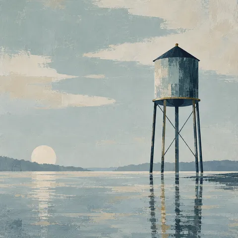 A water tower on thin legs in stone, gray, blue; square artwork.
