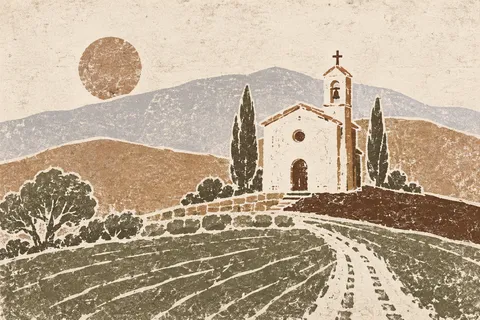 A chapel with a single bell tower, distant in cream, taupe, stone, sage; landscape artwork.