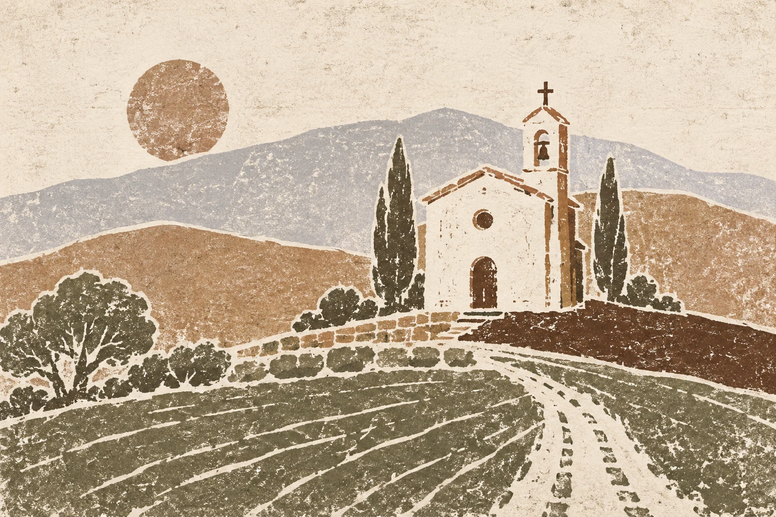 A chapel with a single bell tower, distant in cream, taupe, stone, sage; landscape artwork.