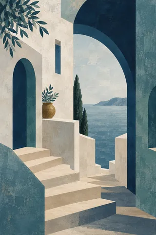 A Mediterranean stair street with arches in blue, stone, cream, navy; portrait artwork.