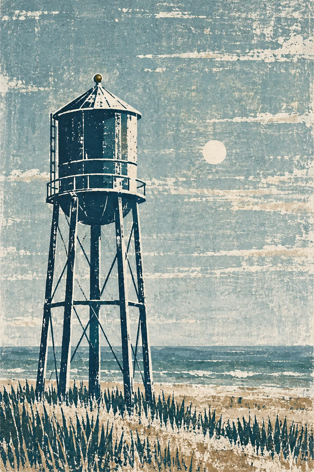 A water tower on thin legs in stone, gray, cream, charcoal; portrait artwork.