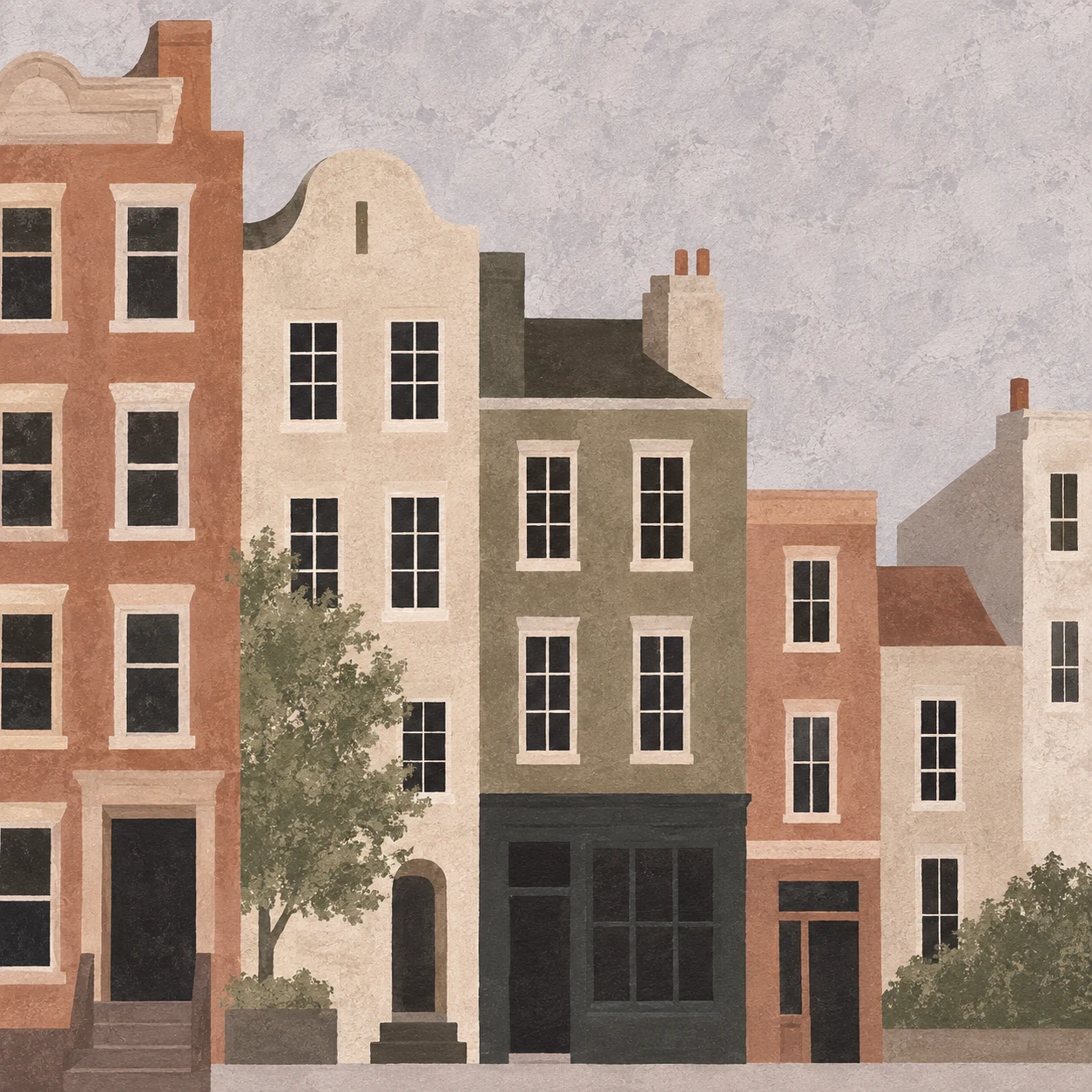 A row of tall narrow townhouse facades in stone, charcoal, ochre, taupe; square artwork.