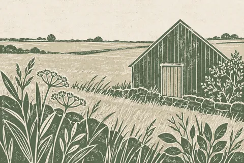 A barn gable end with one door in cream, sand, taupe, sage; landscape artwork.