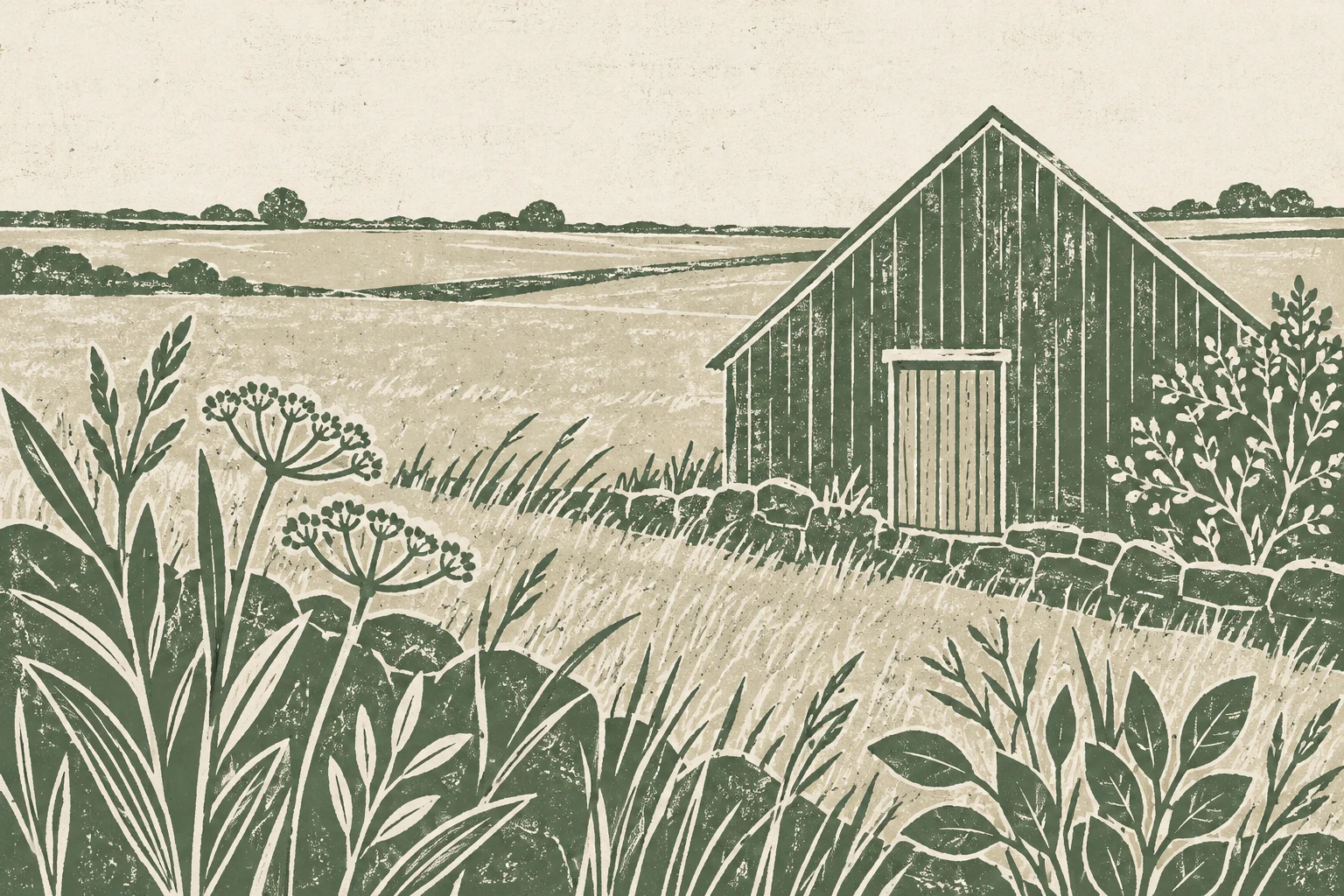 A barn gable end with one door in cream, sand, taupe, sage; landscape artwork.