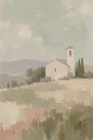 A chapel with a single bell tower, distant in stone, sand, taupe, sage; portrait artwork.