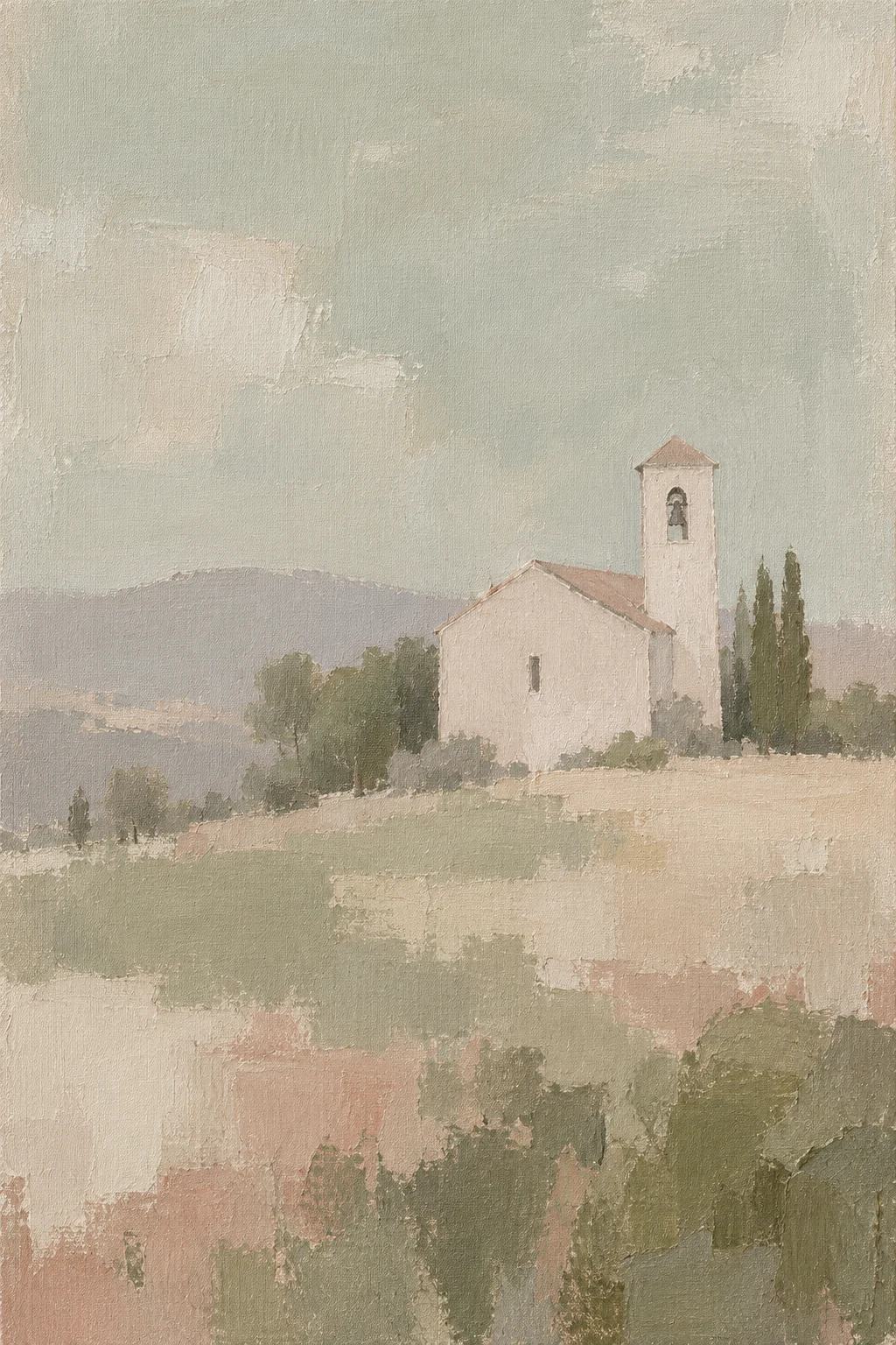 A chapel with a single bell tower, distant in stone, sand, taupe, sage; portrait artwork.